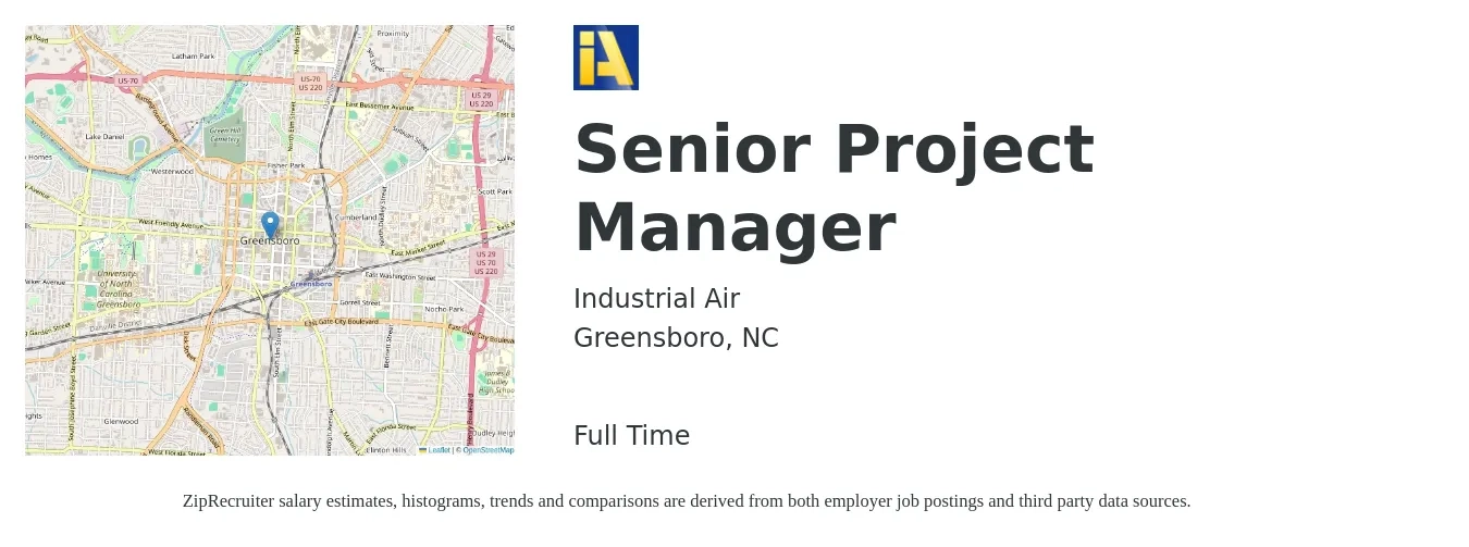 Industrial Air job posting for a Senior Project Manager in Greensboro, NC with a salary of $100,300 to $141,500 Yearly with a map of Greensboro location.