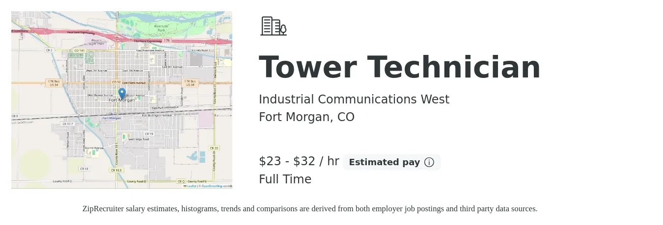 Industrial Communications West job posting for a Tower Technician in Fort Morgan, CO with a salary of $24 to $34 Hourly with a map of Fort Morgan location.