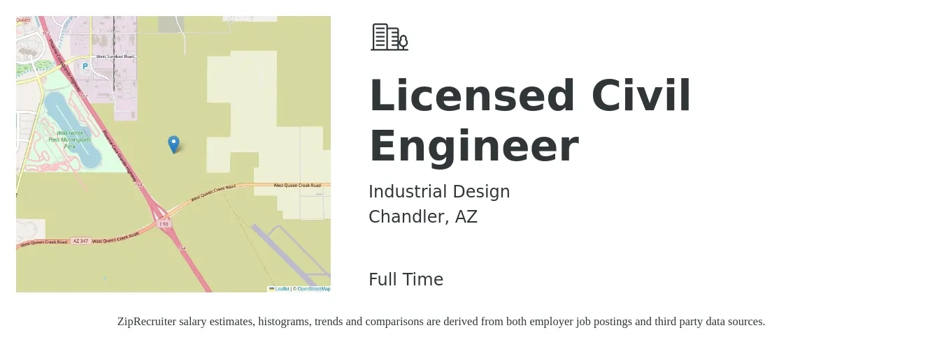 Industrial Design job posting for a Licensed Civil Engineer in Chandler, AZ with a salary of $65,600 to $95,700 Yearly with a map of Chandler location.