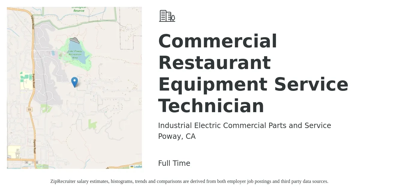 Industrial Electric Commercial Parts and Service job posting for a Commercial Restaurant Equipment Service Technician in Poway, CA with a salary of $25 to $45 Hourly with a map of Poway location.
