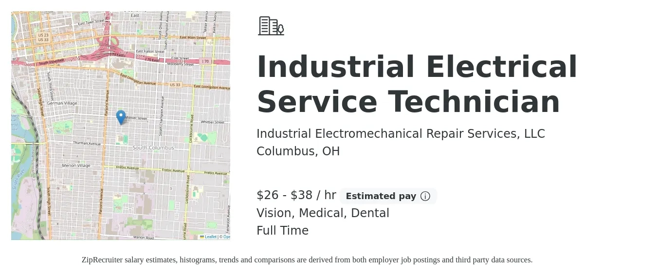 Industrial Electromechanical Repair Services, LLC job posting for a Industrial Electrical Service Technician in Columbus, OH with a salary of $28 to $40 Hourly and benefits including dental, life_insurance, medical, pto, retirement, and vision with a map of Columbus location.