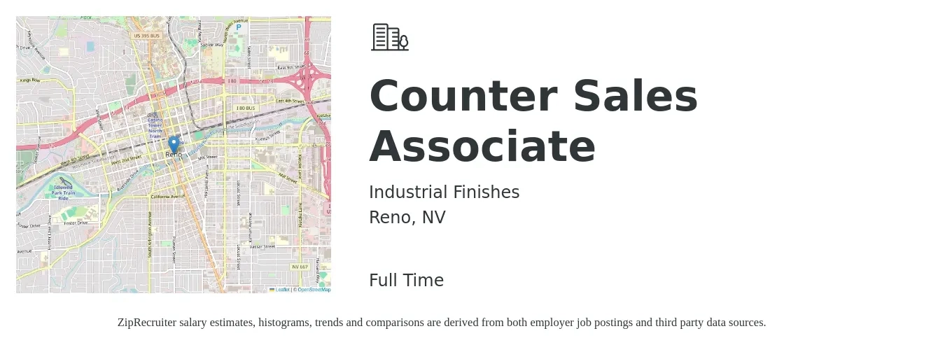 Industrial Finishes job posting for a Counter Sales Associate in Reno, NV with a salary of $16 to $20 Hourly with a map of Reno location.