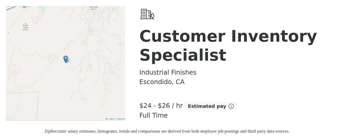 Industrial Finishes job posting for a Customer Inventory Specialist in Escondido, CA with a salary of $25 to $28 Hourly with a map of Escondido location.