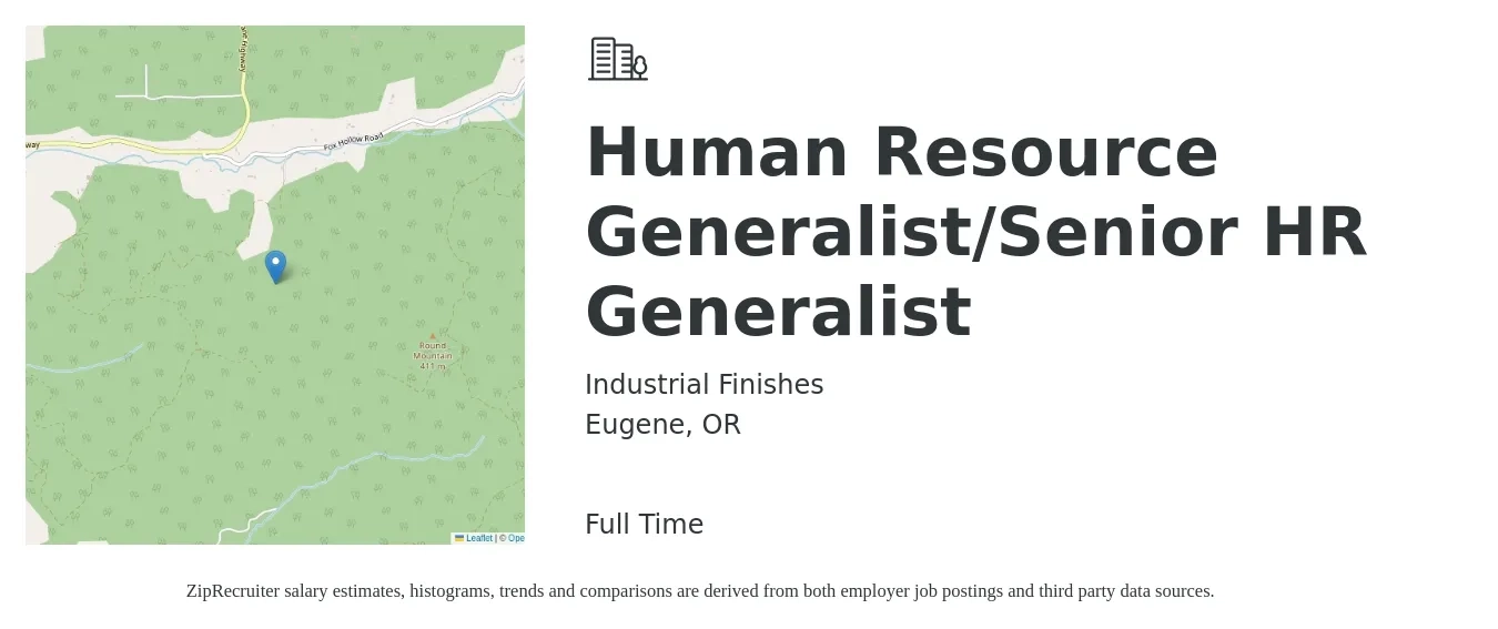 Industrial Finishes job posting for a Human Resource Generalist/Senior HR Generalist in Eugene, OR with a salary of $51,300 to $73,100 Yearly with a map of Eugene location.