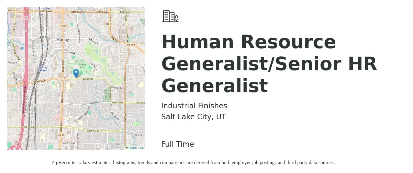 Industrial Finishes job posting for a Human Resource Generalist/Senior HR Generalist in Salt Lake City, UT with a salary of $47,800 to $68,000 Yearly with a map of Salt Lake City location.