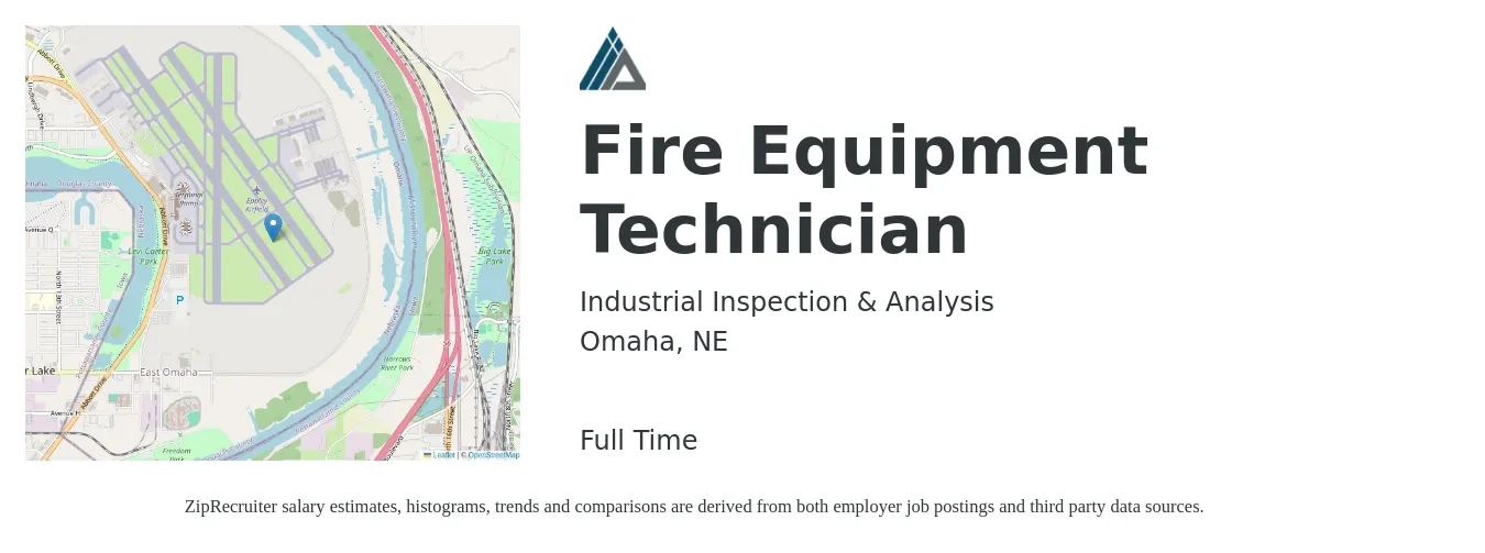 Industrial Inspection & Analysis job posting for a Fire Equipment Technician in Omaha, NE with a salary of $34,900 to $47,000 Yearly with a map of Omaha location.