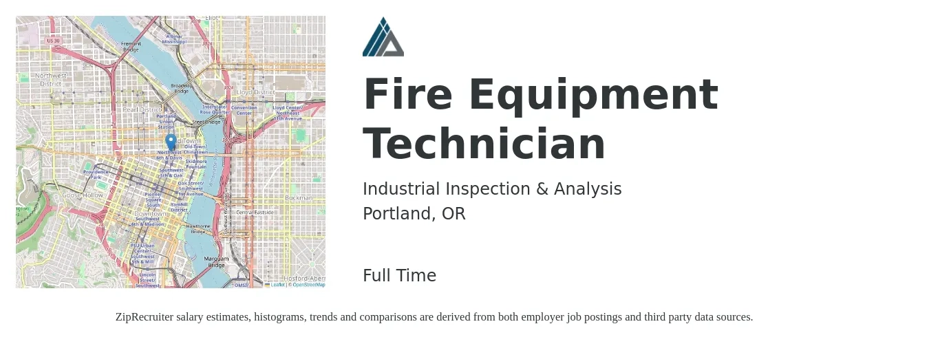 Industrial Inspection & Analysis job posting for a Fire Equipment Technician in Portland, OR with a salary of $39,400 to $53,100 Yearly with a map of Portland location.