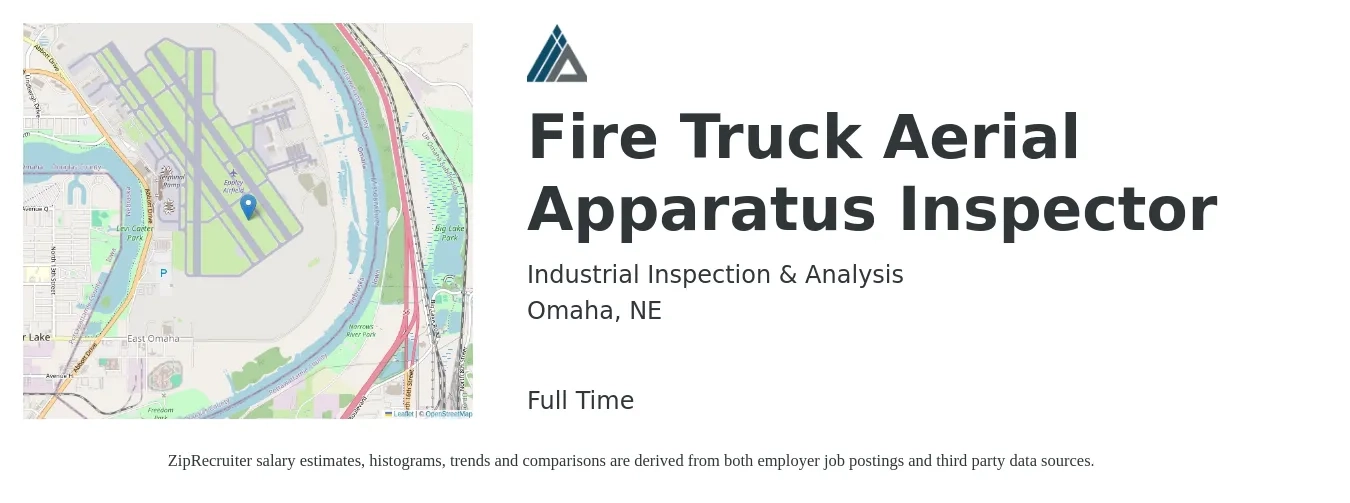 Industrial Inspection & Analysis job posting for a Fire Truck Aerial Apparatus Inspector in Omaha, NE with a salary of $17 to $23 Hourly with a map of Omaha location.