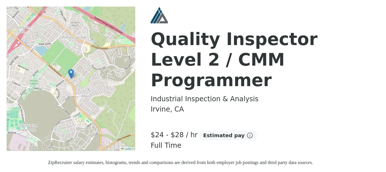Industrial Inspection & Analysis job posting for a Quality Inspector Level 2 / CMM Programmer in Irvine, CA with a salary of $25 to $30 Hourly with a map of Irvine location.