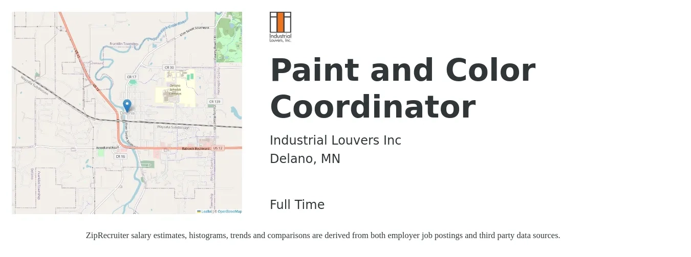Industrial Louvers Inc job posting for a Paint and Color Coordinator in Delano, MN with a map of Delano location.