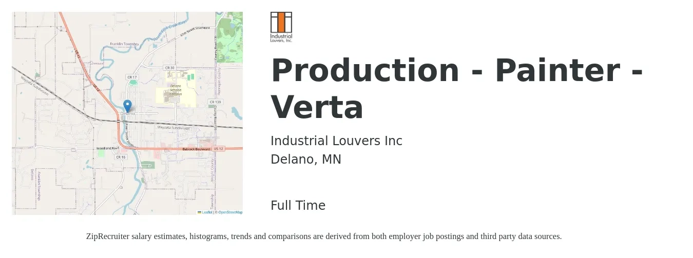 Industrial Louvers Inc job posting for a Production - Painter - Verta in Delano, MN with a salary of $19 to $24 Hourly with a map of Delano location.