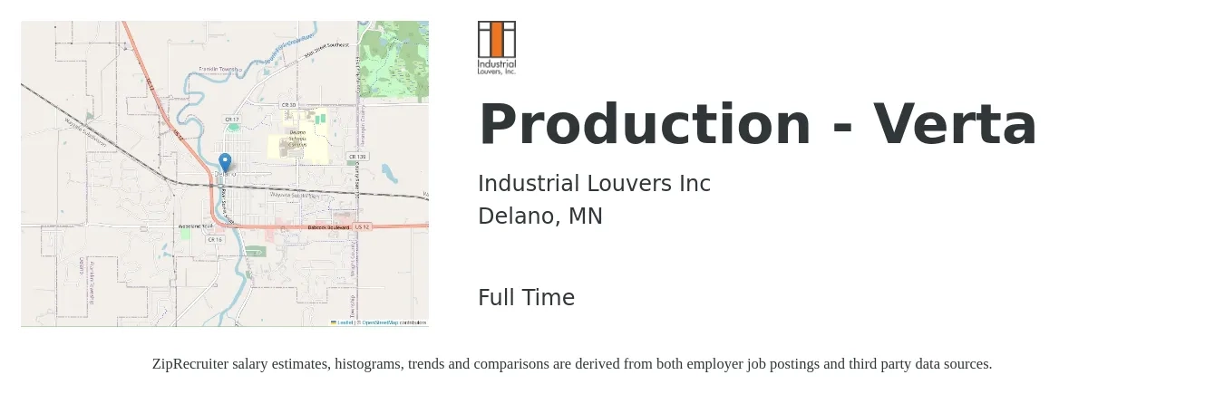 Industrial Louvers Inc job posting for a Production - Verta in Delano, MN with a salary of $16 to $19 Hourly with a map of Delano location.