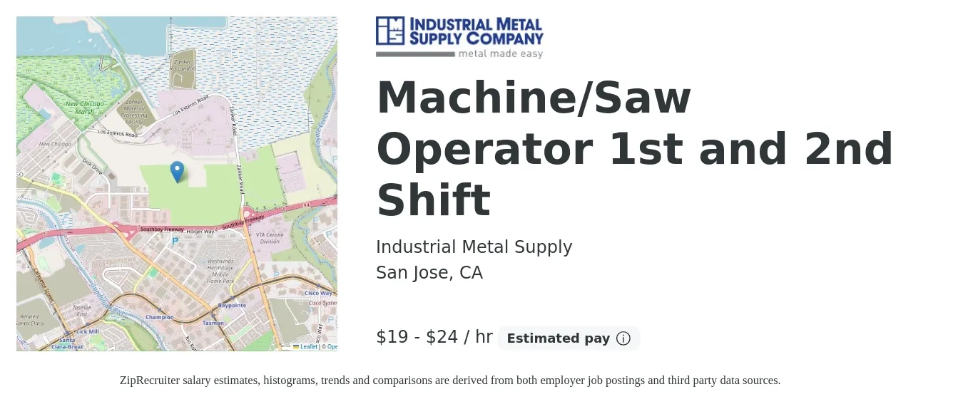 Industrial Metal Supply job posting for a Machine/Saw Operator 1st and 2nd Shift in San Jose, CA with a salary of $20 to $25 Hourly with a map of San Jose location.