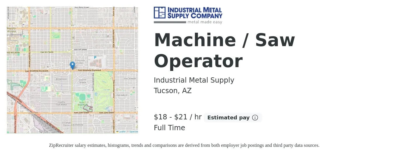 Industrial Metal Supply job posting for a Machine / Saw Operator in Tucson, AZ with a salary of $19 to $22 Hourly with a map of Tucson location.