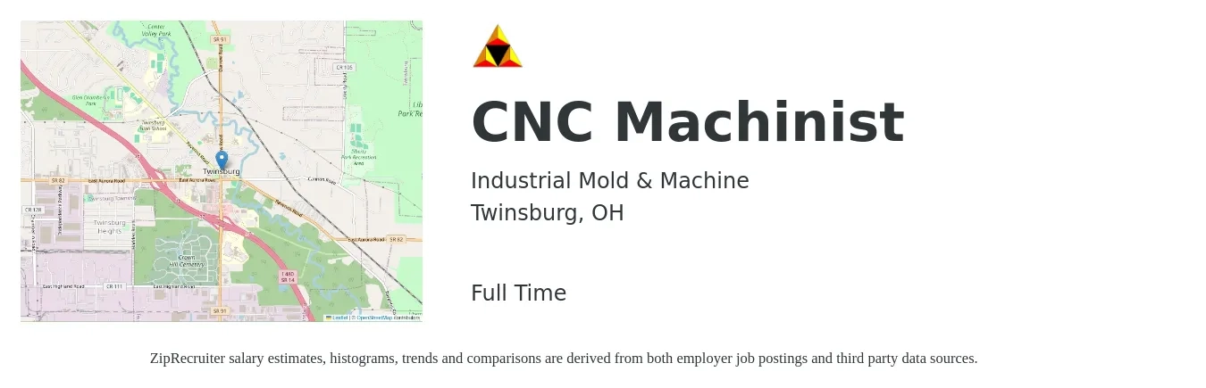 Industrial Mold & Machine job posting for a CNC Machinist in Twinsburg, OH with a salary of $20 to $25 Hourly with a map of Twinsburg location.