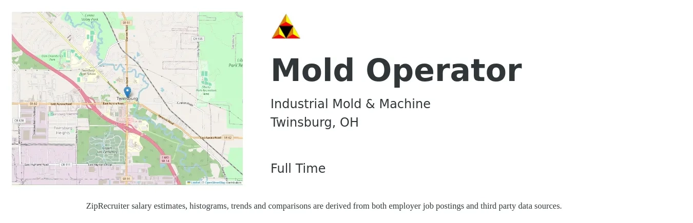 Industrial Mold & Machine job posting for a Mold Operator in Twinsburg, OH with a salary of $20 to $25 Hourly with a map of Twinsburg location.
