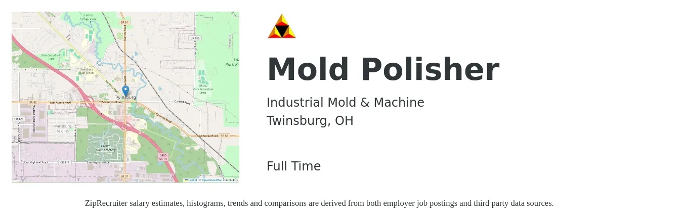 Industrial Mold & Machine job posting for a Mold Polisher in Twinsburg, OH with a salary of $18 to $25 Hourly with a map of Twinsburg location.
