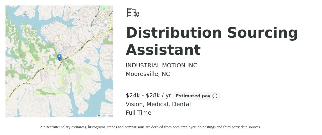 INDUSTRIAL MOTION INC job posting for a Distribution Sourcing Assistant in Mooresville, NC with a salary of $24,000 to $28,000 Yearly and benefits including vision, dental, and medical with a map of Mooresville location.