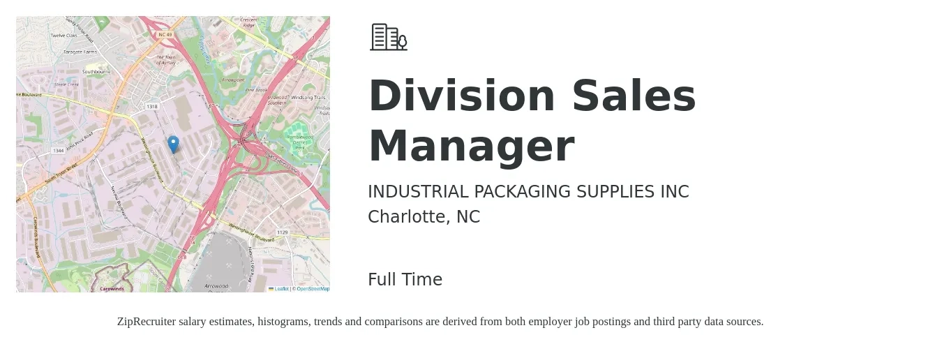 INDUSTRIAL PACKAGING SUPPLIES INC job posting for a Division Sales Manager in Charlotte, NC with a salary of $72,500 to $116,200 Yearly with a map of Charlotte location.