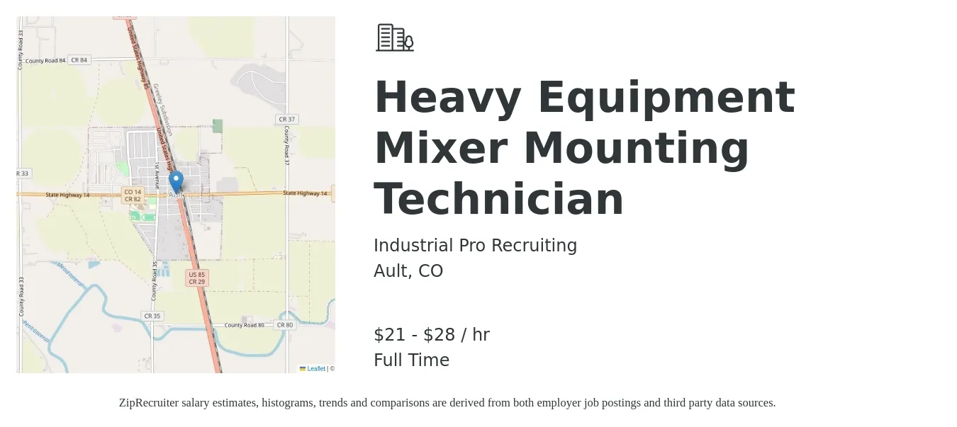 Industrial Pro Recruiting job posting for a Heavy Equipment Mixer Mounting Technician in Ault, CO with a salary of $22 to $30 Hourly with a map of Ault location.