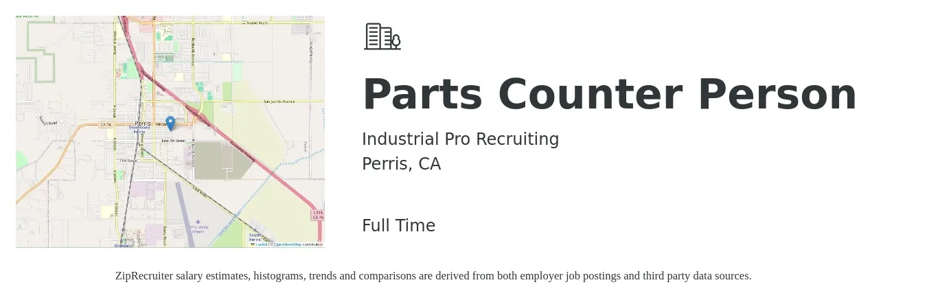 Industrial Pro Recruiting job posting for a Parts Counter Person in Perris, CA with a salary of $18 to $25 Hourly with a map of Perris location.