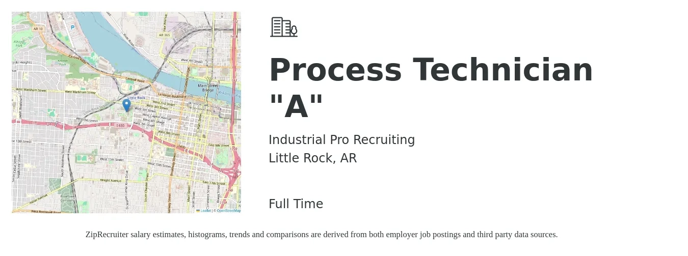 Industrial Pro Recruiting job posting for a Process Technician "A" in Little Rock, AR with a salary of $17 to $25 Hourly with a map of Little Rock location.