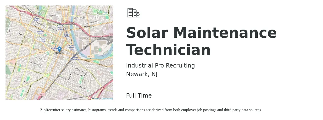 Industrial Pro Recruiting job posting for a Solar Maintenance Technician in Newark, NJ with a salary of $20 to $28 Hourly with a map of Newark location.