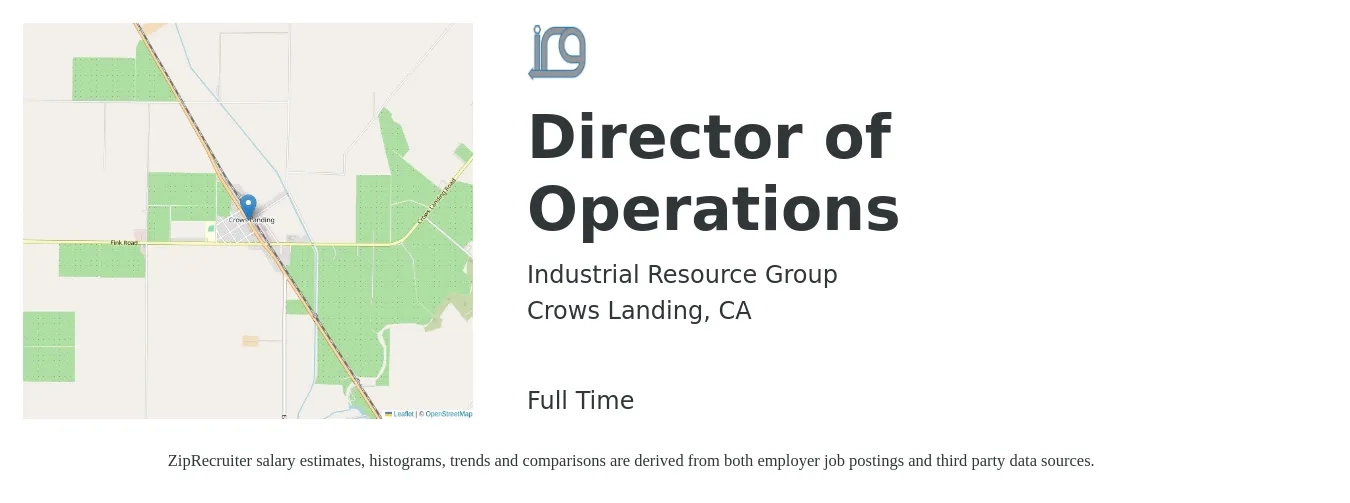 Industrial Resource Group job posting for a Director of Operations in Crows Landing, CA with a salary of $79,800 to $143,200 Yearly with a map of Crows Landing location.