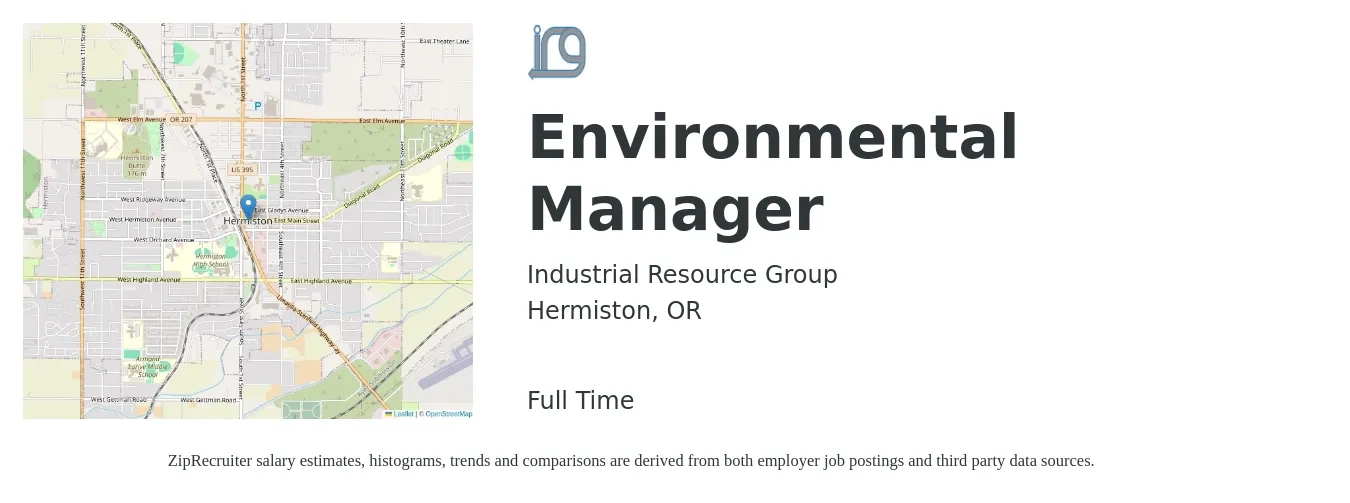 Industrial Resource Group job posting for a Environmental Manager in Hermiston, OR with a salary of $121,800 to $125,900 Yearly with a map of Hermiston location.