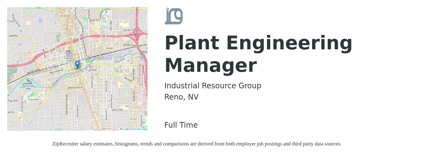 Industrial Resource Group job posting for a Plant Engineering Manager in Reno, NV with a salary of $111,700 to $142,100 Yearly with a map of Reno location.
