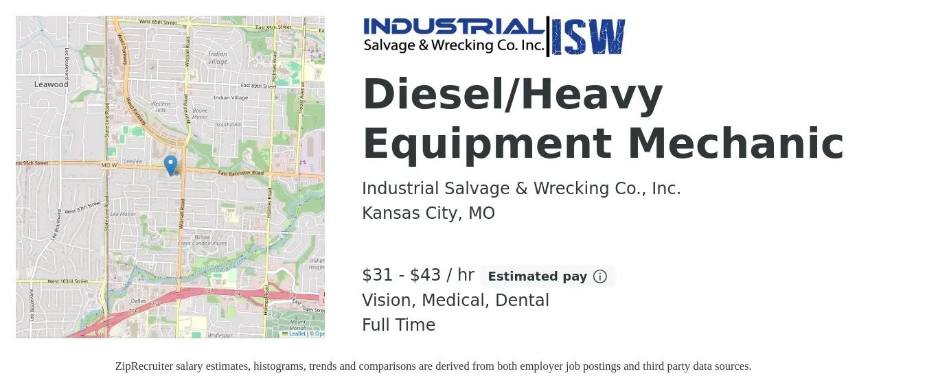 Industrial Salvage & Wrecking Co., Inc. job posting for a Diesel/Heavy Equipment Mechanic in Kansas City, MO with a salary of $33 to $45 Hourly and benefits including dental, life_insurance, medical, retirement, and vision with a map of Kansas City location.
