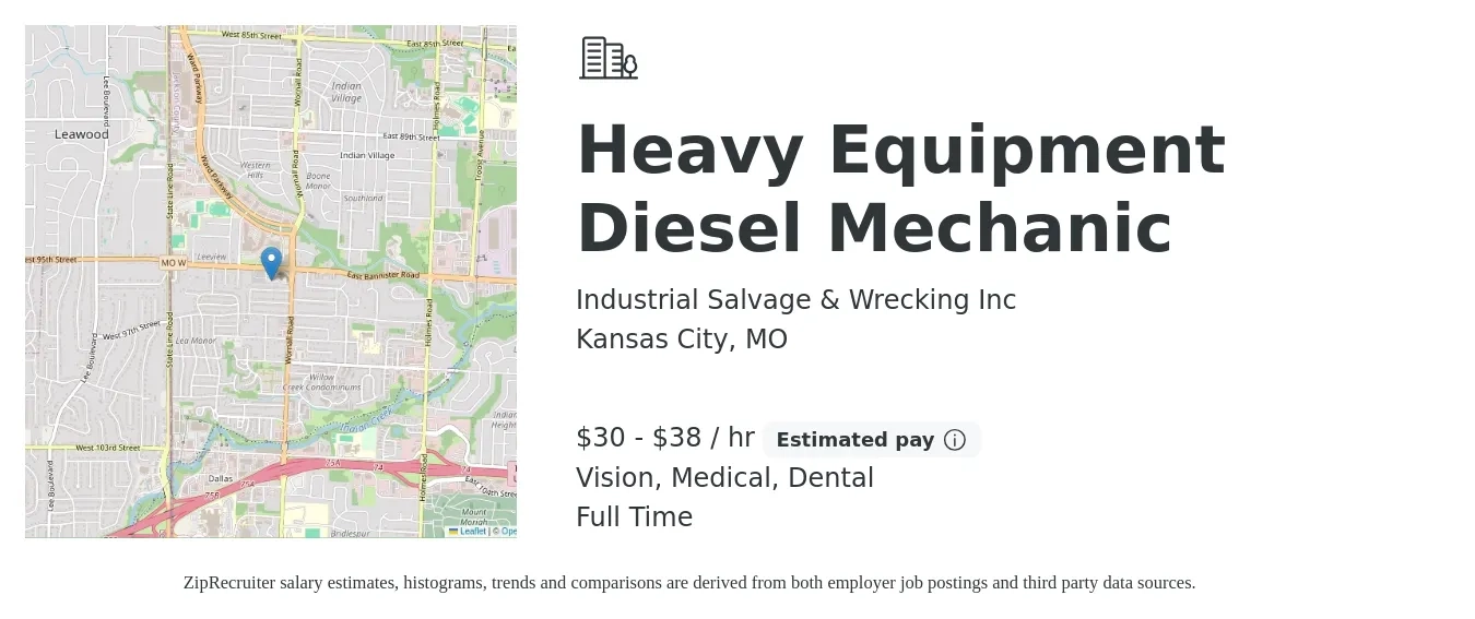 Industrial Salvage & Wrecking Inc job posting for a Heavy Equipment Diesel Mechanic in Kansas City, MO with a salary of $32 to $40 Hourly and benefits including vision, dental, life_insurance, medical, and retirement with a map of Kansas City location.