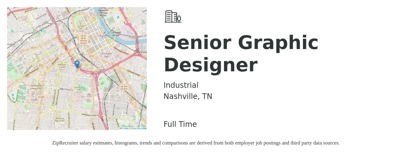 Industrial job posting for a Senior Graphic Designer in Nashville, TN with a salary of $62,300 to $85,500 Yearly with a map of Nashville location.