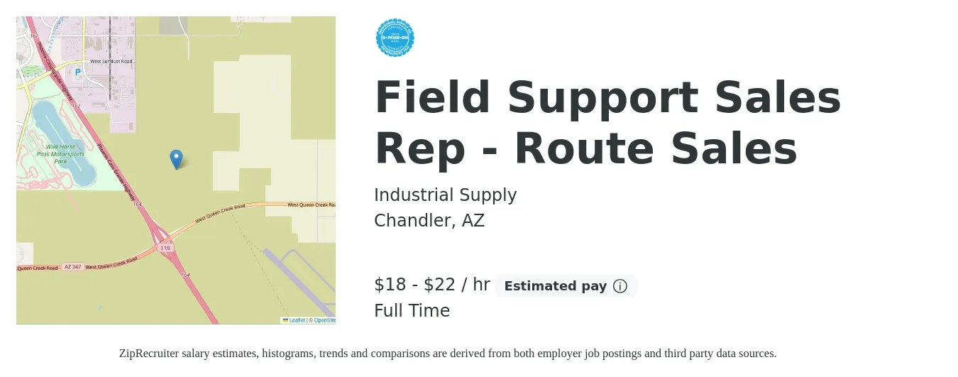 Industrial Supply job posting for a Field Support Sales Rep - Route Sales in Chandler, AZ with a salary of $19 to $23 Hourly with a map of Chandler location.