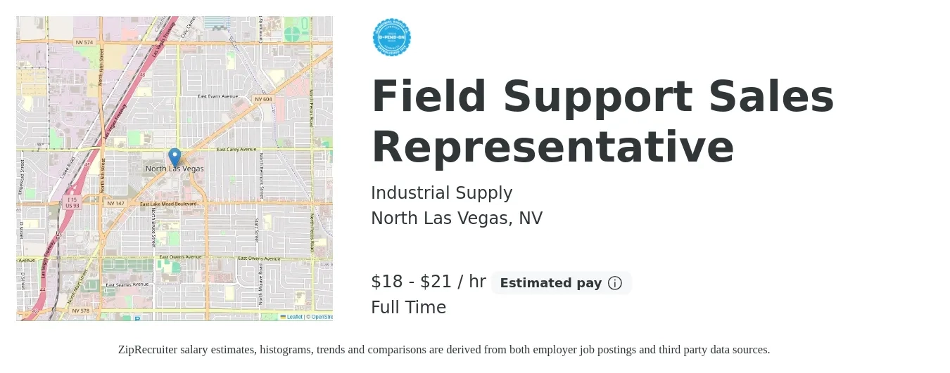 Industrial Supply job posting for a Field Support Sales Representative in North Las Vegas, NV with a salary of $19 to $22 Hourly with a map of North Las Vegas location.