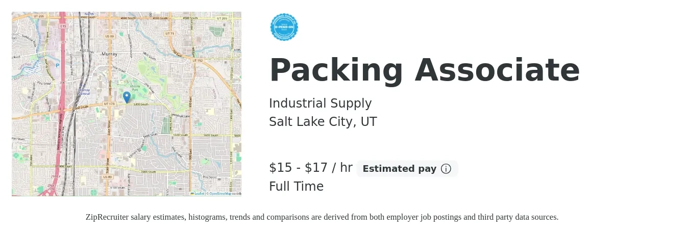 Industrial Supply job posting for a Packing Associate in Salt Lake City, UT with a salary of $16 to $18 Hourly with a map of Salt Lake City location.