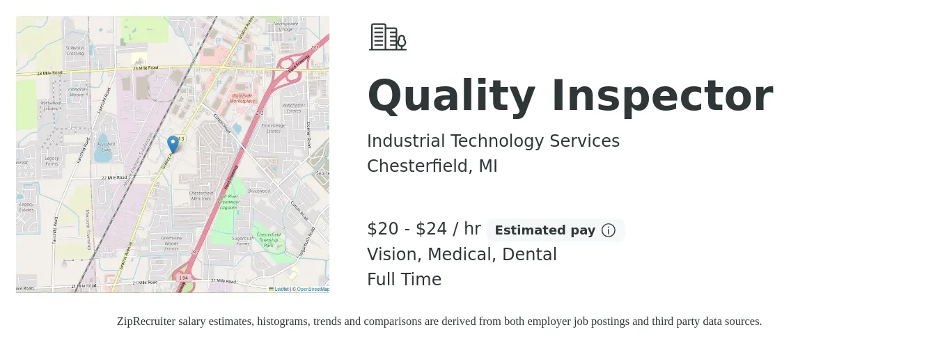 Industrial Technology Services job posting for a Quality Inspector in Chesterfield, MI with a salary of $21 to $25 Hourly and benefits including life_insurance, medical, retirement, vision, and dental with a map of Chesterfield location.