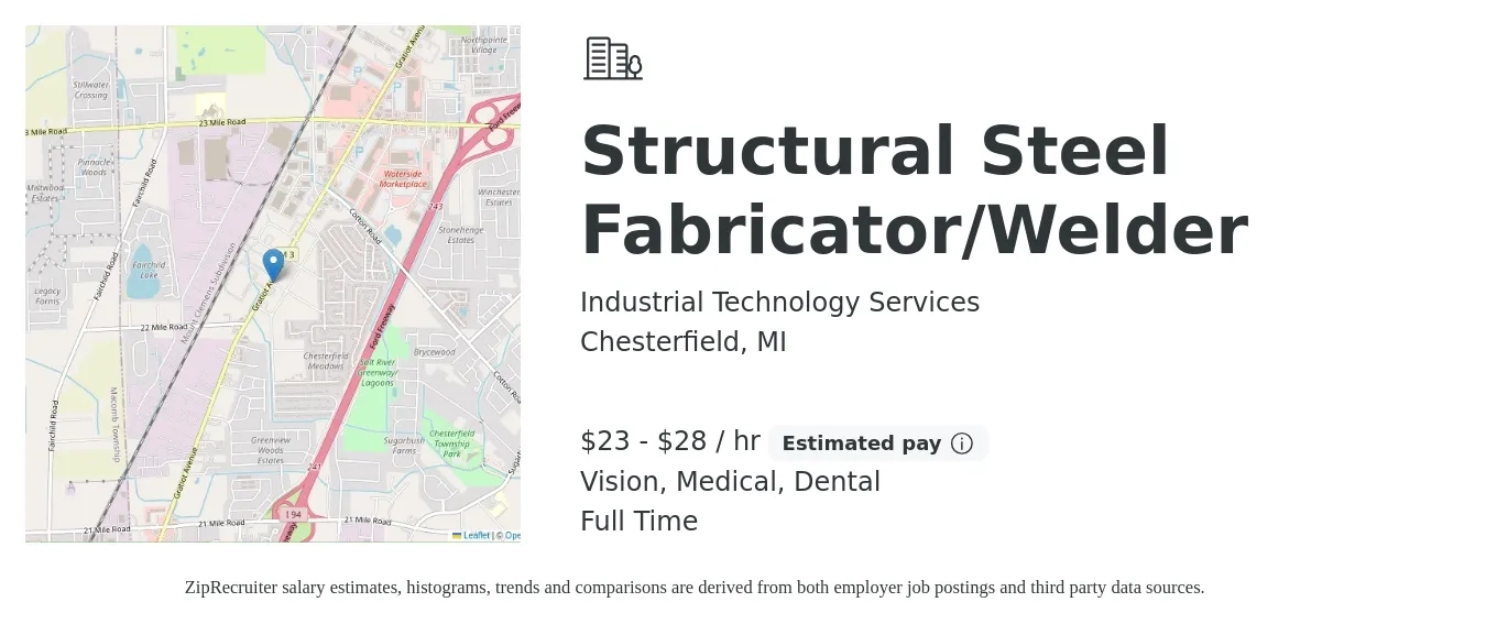 Industrial Technology Services job posting for a Structural Steel Fabricator/Welder in Chesterfield, MI with a salary of $24 to $30 Hourly and benefits including dental, life_insurance, medical, retirement, and vision with a map of Chesterfield location.