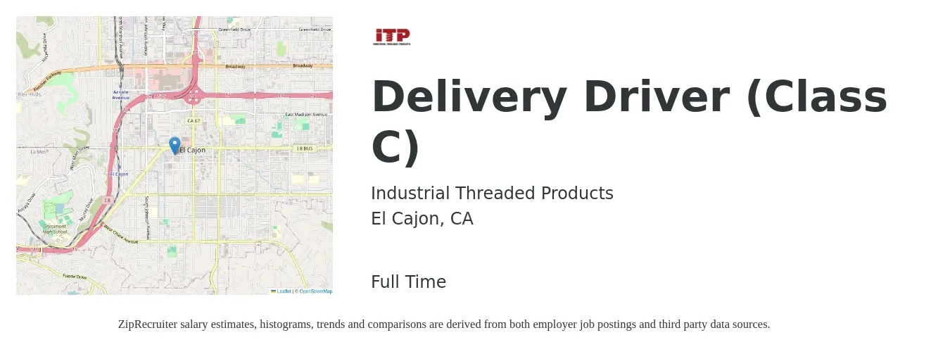 Industrial Threaded Products job posting for a Delivery Driver (Class C) in El Cajon, CA with a salary of $17 to $19 Hourly with a map of El Cajon location.