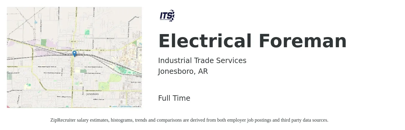 Industrial Trade Services job posting for a Electrical Foreman in Jonesboro, AR with a salary of $32 to $48 Hourly with a map of Jonesboro location.