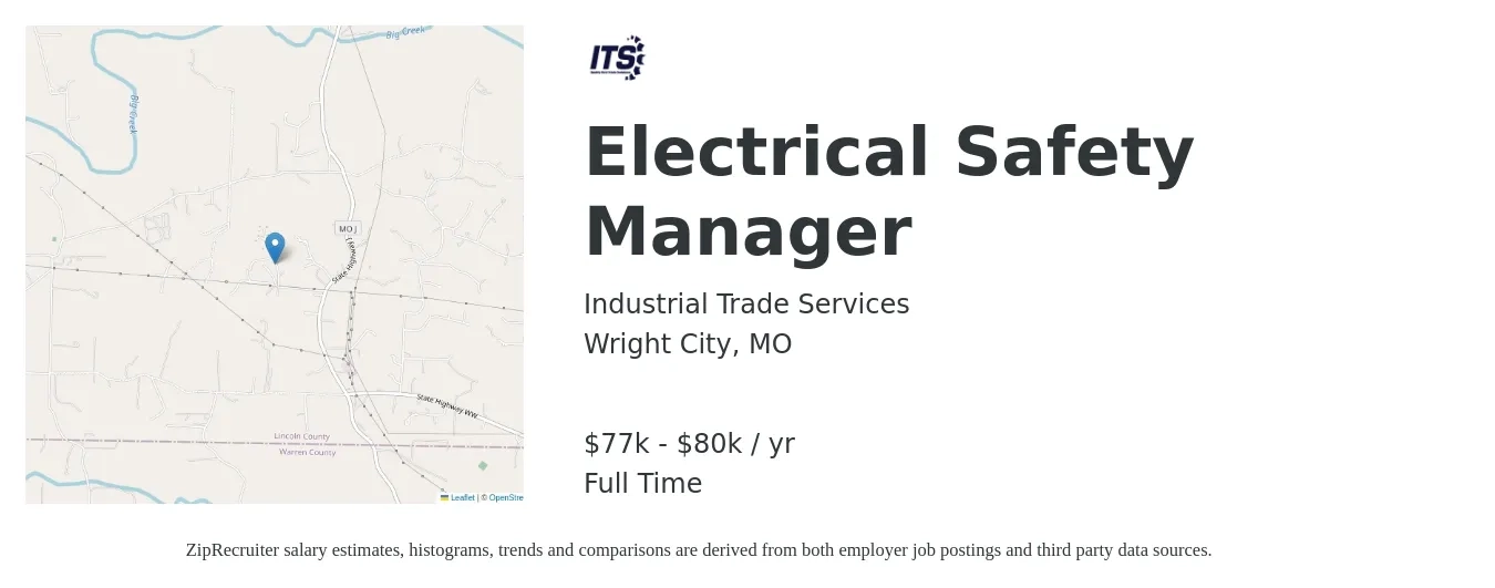 Industrial Trade Services job posting for a Electrical Safety Manager in Wright City, MO with a salary of $77,000 to $80,000 Yearly with a map of Wright City location.