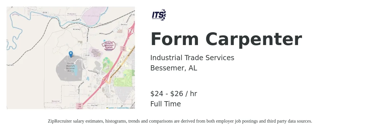 Industrial Trade Services job posting for a Form Carpenter in Bessemer, AL with a salary of $25 to $28 Hourly with a map of Bessemer location.