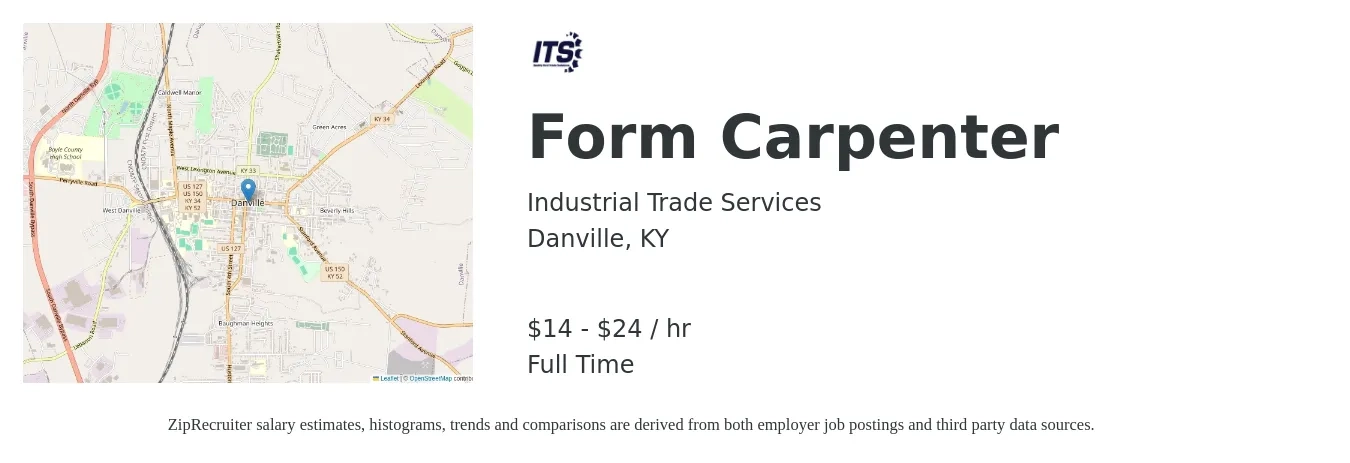 Industrial Trade Services job posting for a Form Carpenter in Danville, KY with a salary of $15 to $25 Hourly with a map of Danville location.