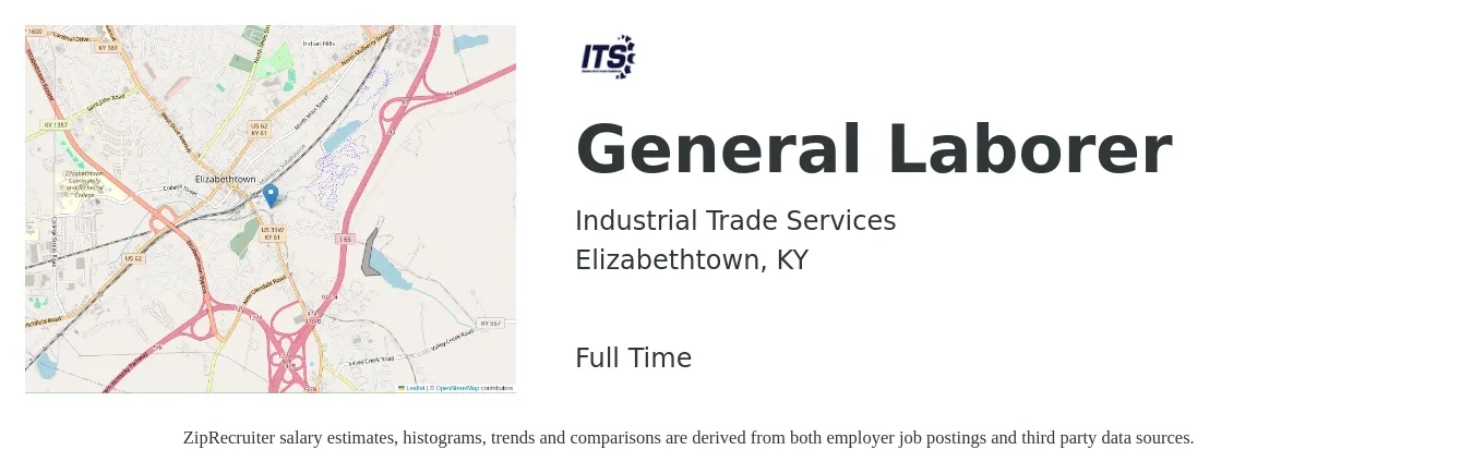 Industrial Trade Services job posting for a General Laborer in Elizabethtown, KY with a salary of $15 to $18 Hourly with a map of Elizabethtown location.
