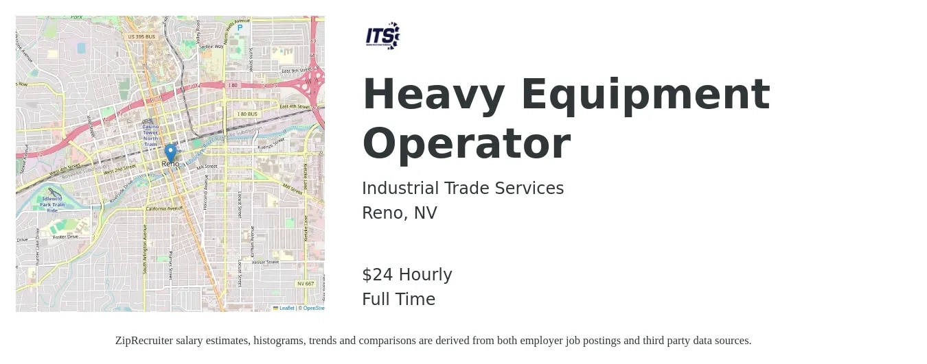 Industrial Trade Services job posting for a Heavy Equipment Operator in Reno, NV with a salary of $25 Hourly with a map of Reno location.
