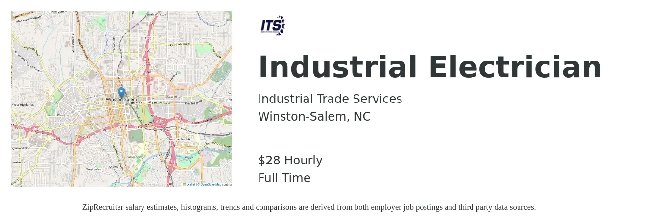Industrial Trade Services job posting for a Industrial Electrician in Winston-Salem, NC with a salary of $30 Hourly with a map of Winston-Salem location.
