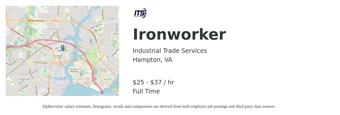 Industrial Trade Services job posting for a Ironworker in Hampton, VA with a salary of $26 to $39 Hourly with a map of Hampton location.