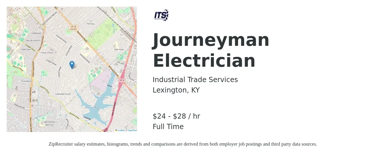 Industrial Trade Services job posting for a Journeyman Electrician in Lexington, KY with a salary of $25 to $30 Hourly with a map of Lexington location.