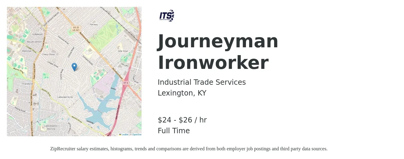 Industrial Trade Services job posting for a Journeyman Ironworker in Lexington, KY with a salary of $25 to $28 Hourly with a map of Lexington location.