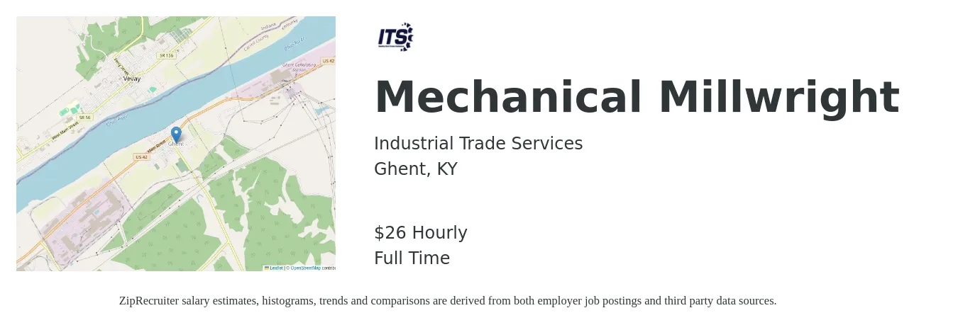 Industrial Trade Services job posting for a Mechanical Millwright in Ghent, KY with a salary of $28 Hourly with a map of Ghent location.